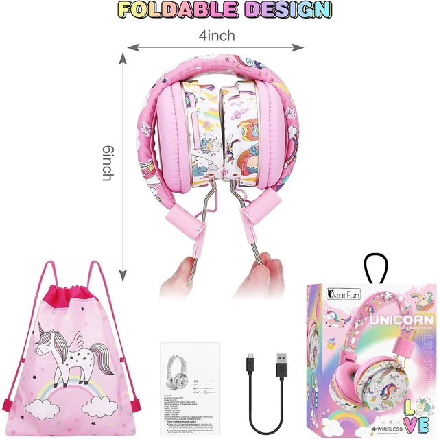 Alt view image 6 of 6 - Unicorn Kids Bluetooth Headphones, 85dB Safe Volume Limit For kids at school, tablet, travel, or airplane use, enjoy wireless mode, mic, Bluetooth 5.2, fast charging, foldable design