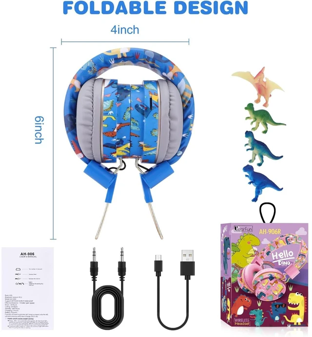 Alt view image 7 of 7 - Dinosaur Kids Bluetooth Headphones, 85dB Safe Volume Limit For kids at school, tablet, travel, or airplane use, enjoy wireless mode, mic, Bluetooth 5.2, fast charging, foldable design