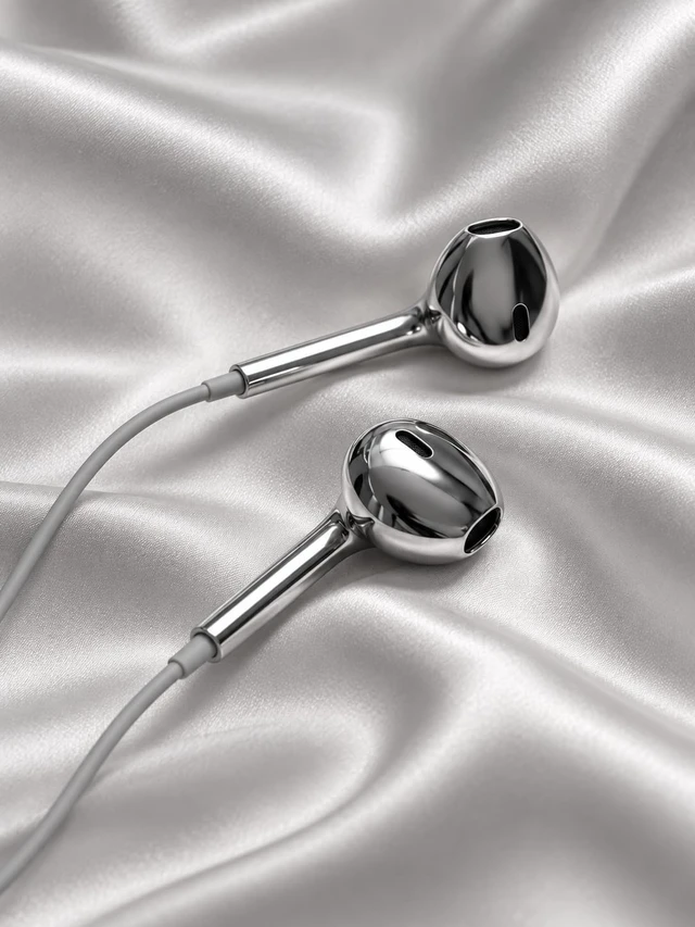 Alt view image 5 of 5 - Wired Earbuds with Chrome Finish, Y2K Style In-Line Volume Control, Portable Design, Trendy Y2K Aesthetic, Chrome Metallic Finish, USB-C Compatible