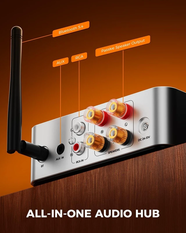 Alt view image 2 of 7 - HiCore H2 Bluetooth 5.4 Hi-Fi Stereo Amplifier TI TPA3255 Class D, 100W x2 (@4) Rated Output, Anti-Hijack BT Mode, RCA/AUX/BT 3-Input Hub for Passive Speakers, Includes 30V/5A Adapter