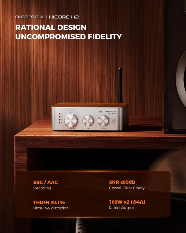 Alt view image 3 of 7 - HiCore H2 Bluetooth 5.4 Hi-Fi Stereo Amplifier TI TPA3255 Class D, 100W x2 (@4) Rated Output, Anti-Hijack BT Mode, RCA/AUX/BT 3-Input Hub for Passive Speakers, Includes 30V/5A Adapter