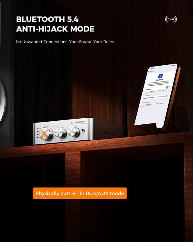 Alt view image 6 of 7 - HiCore H2 Bluetooth 5.4 Hi-Fi Stereo Amplifier TI TPA3255 Class D, 100W x2 (@4) Rated Output, Anti-Hijack BT Mode, RCA/AUX/BT 3-Input Hub for Passive Speakers, Includes 30V/5A Adapter