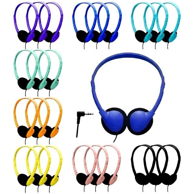 Main image of 25 Pack Headphones Bulk Wired On-Ear for School Classroom, Multiple Colors, Adjustable Headband, 3.5mm Jack, Individually Sealed for Classroom Library Airplane Meeting