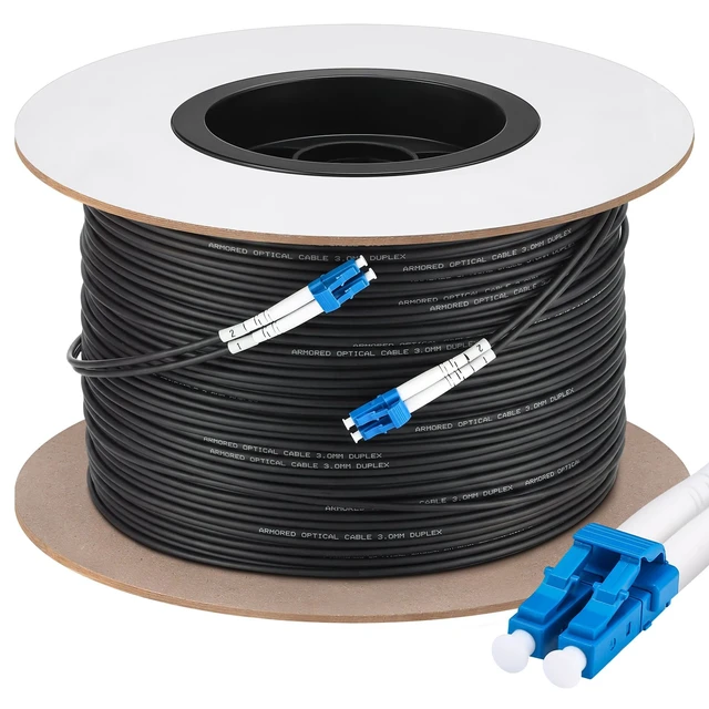 Main image of 250M/820FT LC to LC Outdoor Armored Fiber Optic Single Mode Duplex 9/125um Cable Jumper Internet Cable, Compatible with OS1/OS2, Low Friction LSZH, Black