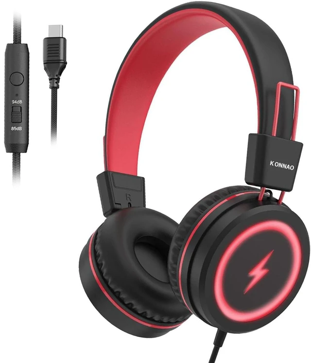 Main image of Kid Headphones for School, USB Type C Kids Headphone with LED Lights, Wired Boys Girls Headphones with Safe Limiter 85dB/94dB, Foldable On Ear Headphones with Microphones for School/iPad, Black