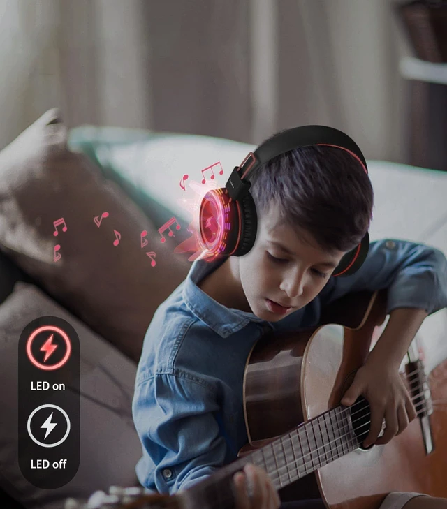 Alt view image 3 of 7 - Kid Headphones for School, USB Type C Kids Headphone with LED Lights, Wired Boys Girls Headphones with Safe Limiter 85dB/94dB, Foldable On Ear Headphones with Microphones for School/iPad, Black
