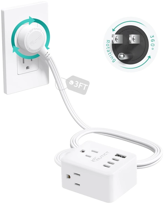 Main image of 360° Rotating Flat Plug Power Strip with 3AC Outlets and 4 USB Ports 3FT Short Extension Cord, Wall Mountable, Compact Outlet Extender for Home Office Dorm Room, Cruise Travel Essentials, White