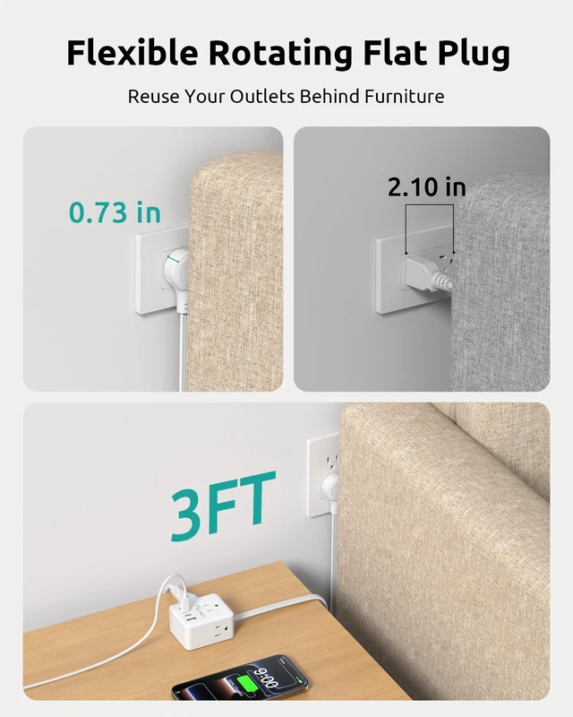 Alt view image 6 of 7 - 360° Rotating Flat Plug Power Strip with 3AC Outlets and 4 USB Ports 3FT Short Extension Cord, Wall Mountable, Compact Outlet Extender for Home Office Dorm Room, Cruise Travel Essentials, White