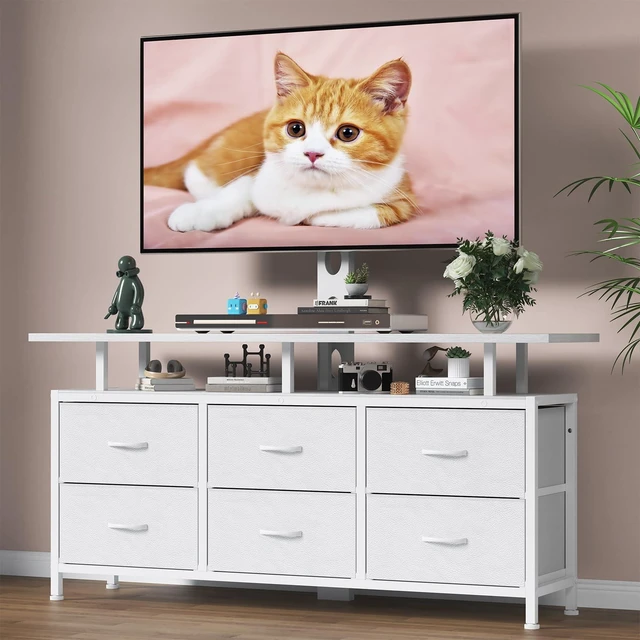 Main image of White TV Stand with Mount for 32/45/55/60/65/75 inch TVs, Entertainment Center with 6 Fabric Drawers & Open Shelf, TV Media Console for Living Room, Bedroom