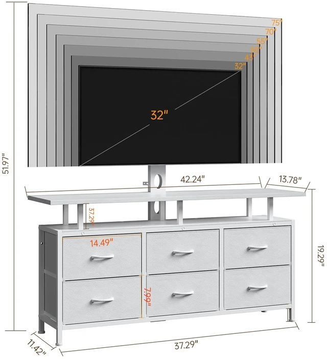Alt view image 2 of 7 - White TV Stand with Mount for 32/45/55/60/65/75 inch TVs, Entertainment Center with 6 Fabric Drawers & Open Shelf, TV Media Console for Living Room, Bedroom