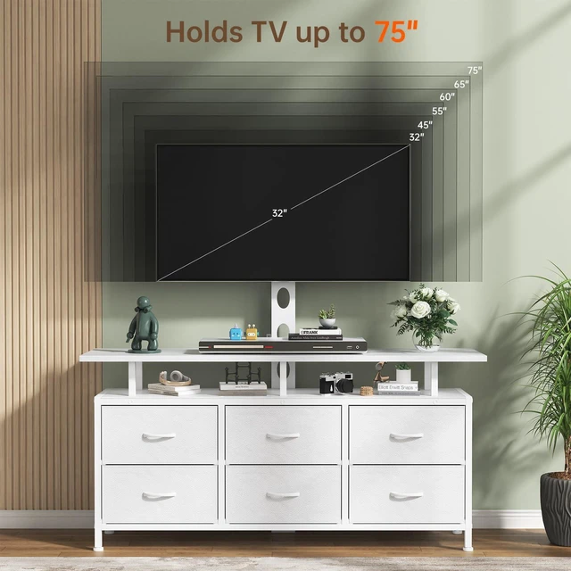 Alt view image 3 of 7 - White TV Stand with Mount for 32/45/55/60/65/75 inch TVs, Entertainment Center with 6 Fabric Drawers & Open Shelf, TV Media Console for Living Room, Bedroom