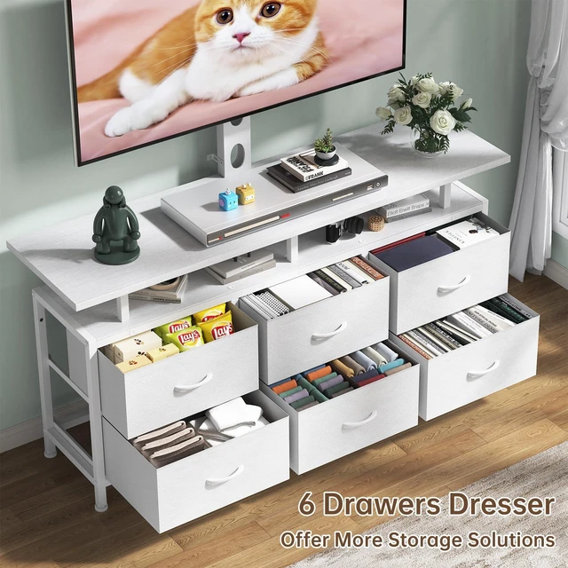 Alt view image 4 of 7 - White TV Stand with Mount for 32/45/55/60/65/75 inch TVs, Entertainment Center with 6 Fabric Drawers & Open Shelf, TV Media Console for Living Room, Bedroom