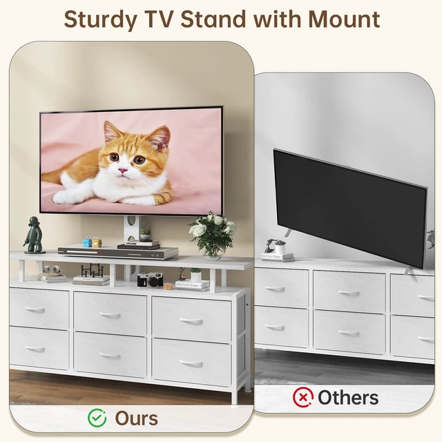 Alt view image 5 of 7 - White TV Stand with Mount for 32/45/55/60/65/75 inch TVs, Entertainment Center with 6 Fabric Drawers & Open Shelf, TV Media Console for Living Room, Bedroom