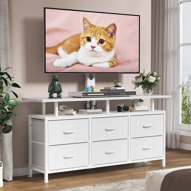 Alt view image 7 of 7 - White TV Stand with Mount for 32/45/55/60/65/75 inch TVs, Entertainment Center with 6 Fabric Drawers & Open Shelf, TV Media Console for Living Room, Bedroom