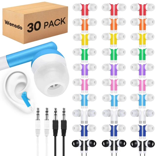 Main image of Kids Earbuds Bulk 30 Pack for School Classroom, Wholesale Wired Multi Color in-Ear Headphones Class Set with 3.5mm Jack for Students Children Toddler Teens - Individually Bagged (HY01,30 Mixed)