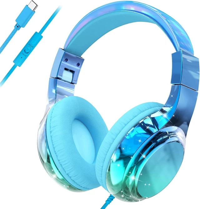 Main image of USB C Kids Wired Headphones with Mic, 85/94dB Safe Volume Limit Kids headphones with cord, foldable on-ear fit, tangle-free, sharing port for school, Chromebook, tablet, travel, boys girls