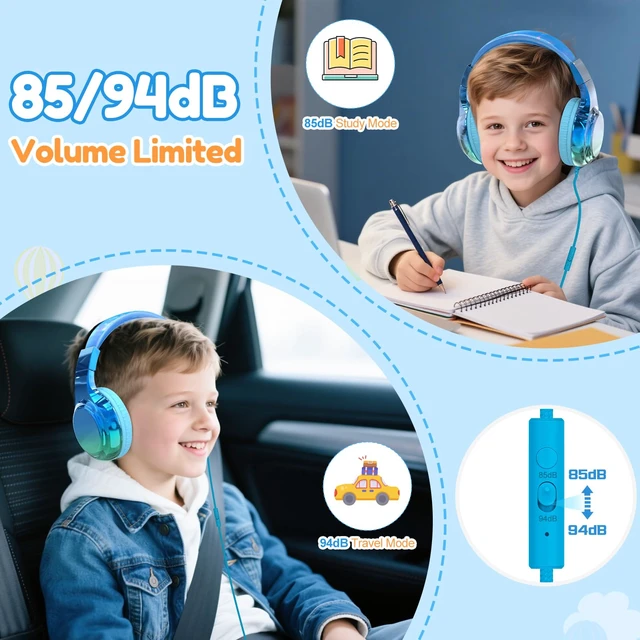 Alt view image 3 of 7 - USB C Kids Wired Headphones with Mic, 85/94dB Safe Volume Limit Kids headphones with cord, foldable on-ear fit, tangle-free, sharing port for school, Chromebook, tablet, travel, boys girls