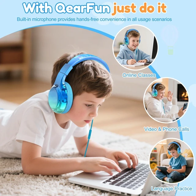 Alt view image 4 of 7 - USB C Kids Wired Headphones with Mic, 85/94dB Safe Volume Limit Kids headphones with cord, foldable on-ear fit, tangle-free, sharing port for school, Chromebook, tablet, travel, boys girls