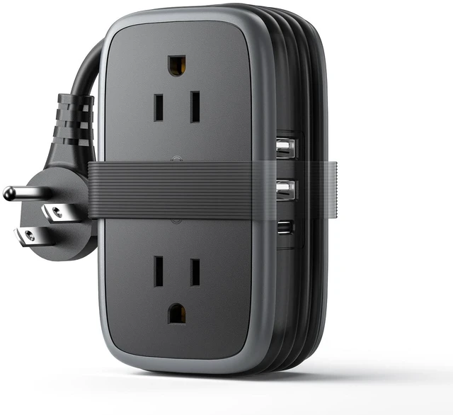 Main image of Travel Power Strip with USB Ports, 4ft Flat Plug Wrapped Around Short Extension Cord with 4 Outlets 3 USB Ports, Compact for Cruise Travel Essential Hotel Home Office, Black