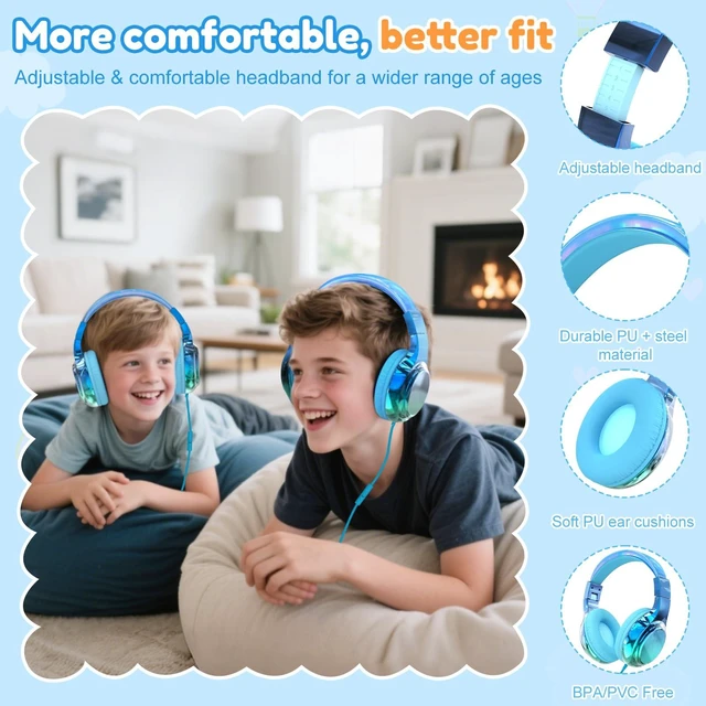 Alt view image 7 of 7 - USB C Kids Wired Headphones with Mic, 85/94dB Safe Volume Limit Kids headphones with cord, foldable on-ear fit, tangle-free, sharing port for school, Chromebook, tablet, travel, boys girls