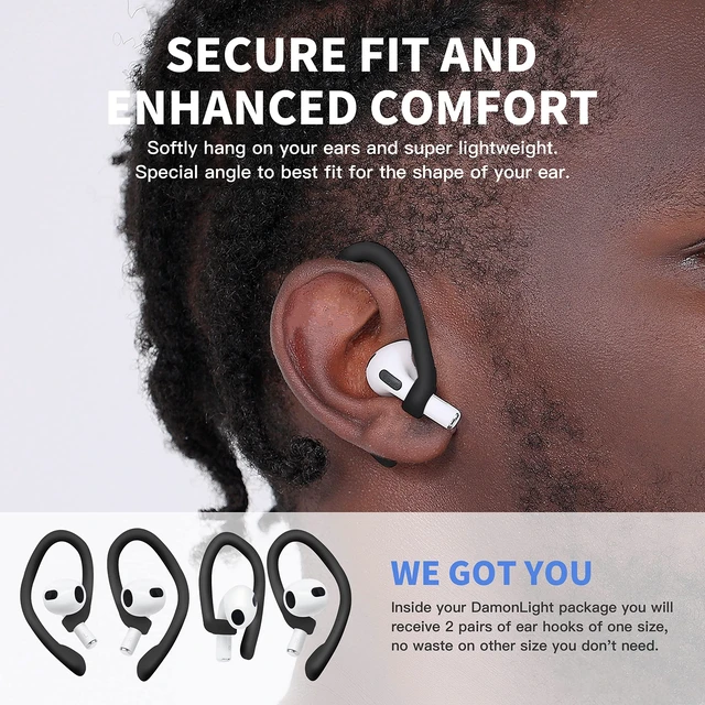 Alt view image 3 of 5 - Ear Hooks 2 Pairs for AirPods Pro 2 & 1, AirPods 4 & 3, Anti-Slip Comfortable Fit, Ergonomic Design, Accessories (Small, Black)