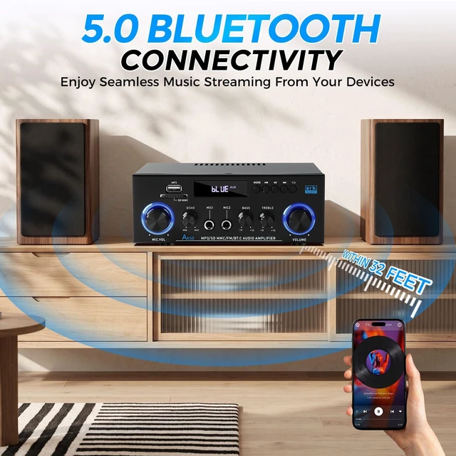 Alt view image 4 of 7 - AK50 Stereo Audio Amplifier, 2 Channel 400W Bluetooth 5.0 Home Audio Stereo Receiver with FM, Echo, AUX, USB, SD, MIC Inputs, Power Amplifier for Passive Speakers and Active subwoofer