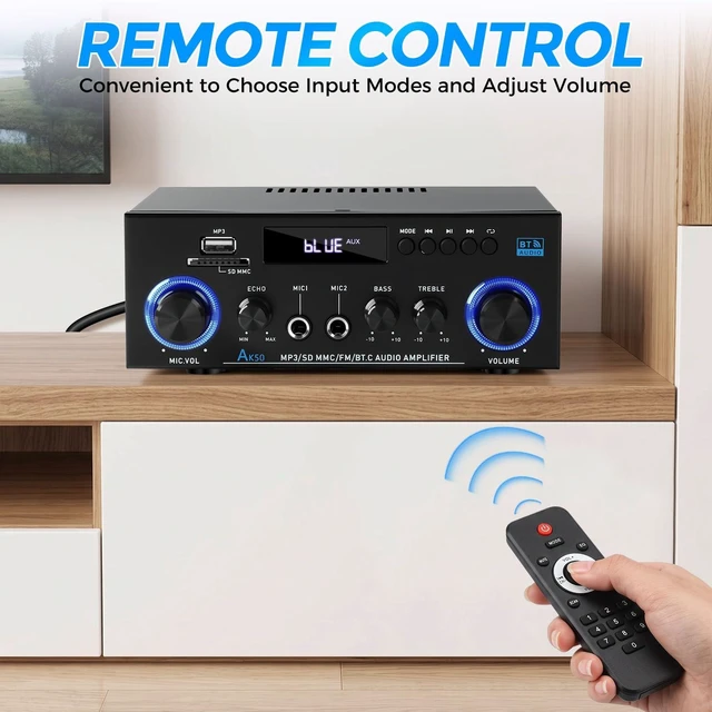 Alt view image 6 of 7 - AK50 Stereo Audio Amplifier, 2 Channel 400W Bluetooth 5.0 Home Audio Stereo Receiver with FM, Echo, AUX, USB, SD, MIC Inputs, Power Amplifier for Passive Speakers and Active subwoofer