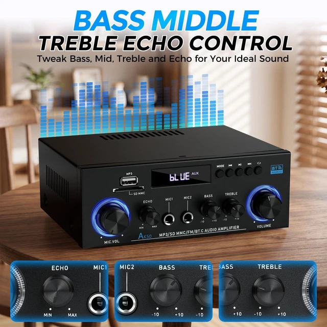 Alt view image 7 of 7 - AK50 Stereo Audio Amplifier, 2 Channel 400W Bluetooth 5.0 Home Audio Stereo Receiver with FM, Echo, AUX, USB, SD, MIC Inputs, Power Amplifier for Passive Speakers and Active subwoofer