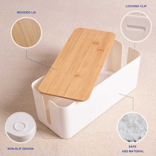 Alt view image 4 of 7 - Cable Management Box, Wooden Style Cord Organizer Box Wires & Power Strips Cord Hider, Desk Computer Cable Organizer, 12.6" (L) x 5.3" (W) 4.9" (H), for Home & Office, White