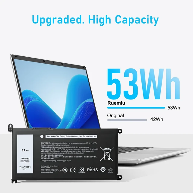 Alt view image 2 of 7 - Upgraded 53Wh YRDD6 Battery for Dell Inspiron 15 3000 5000 Series Fit 15 3583 3593 3582 3584 5593 5594 5598 5585 5590, 14 3493 5482 5485 5493, Vostro 5481 1VX1H, and More