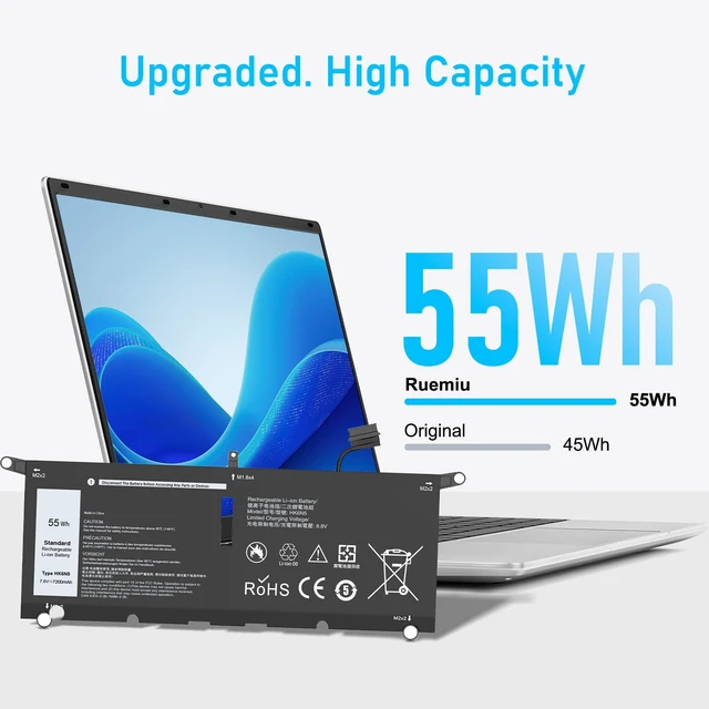 Alt view image 2 of 7 - Upgraded 55Wh HK6N5 Battery for Dell XPS 13 7390 9370 9380 Fit for Inspiron 13 7390 7391 2-in-1 7490 5390 5391, Latitude 3301, Vostro 5390 Series, and More