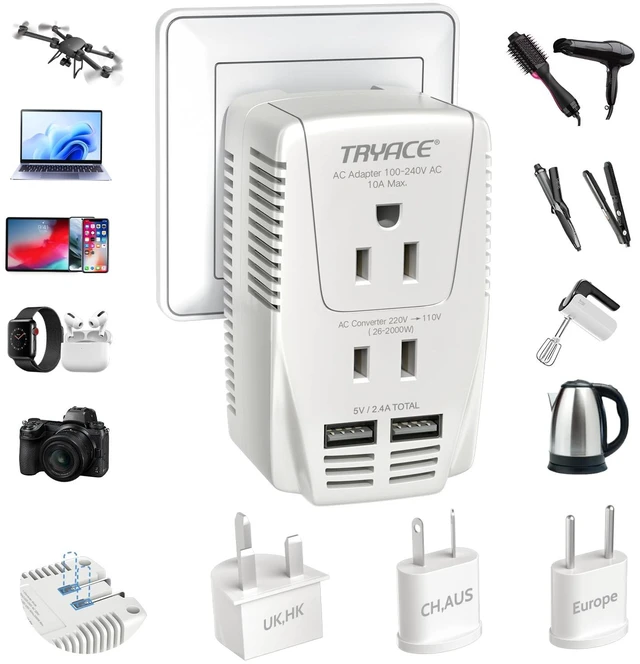 Main image of 2000W Voltage Converter US to Europe for Hair Dryer Straightener Curler Step Down 220V to 110V Converter for European Travel, Power Converter Adapter Combo for Hair Straightener Tablet Camera Phone