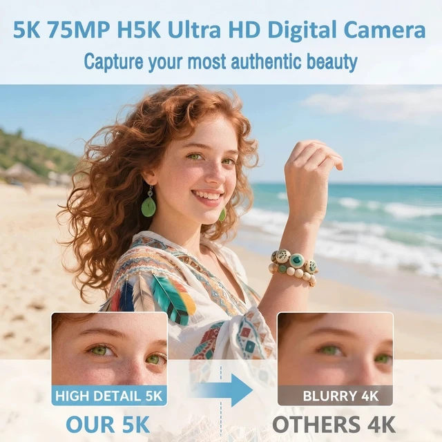 Alt view image 5 of 7 - 5K Digital Camera, 75MP Vlogging Camera for YouTube, Black WiFi, 3" flip screen, 18X zoom, 31 filters, beauty, 32GB, 1 battery; AF, webcam, time-lapse, slow-mo, smile shot, self