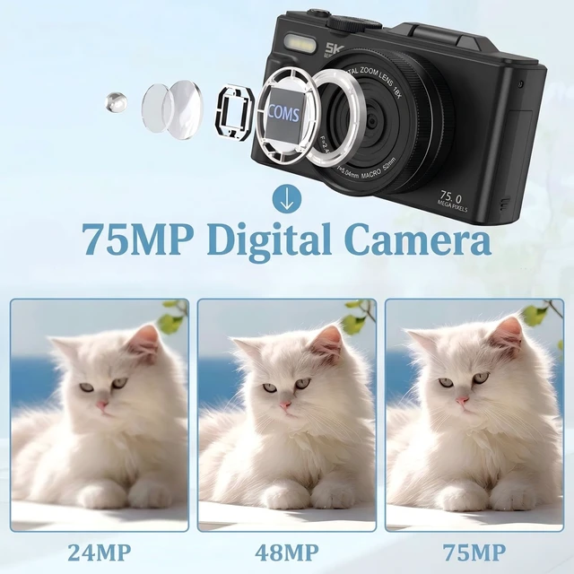 Alt view image 6 of 7 - 5K Digital Camera, 75MP Vlogging Camera for YouTube, Black WiFi, 3" flip screen, 18X zoom, 31 filters, beauty, 32GB, 1 battery; AF, webcam, time-lapse, slow-mo, smile shot, self