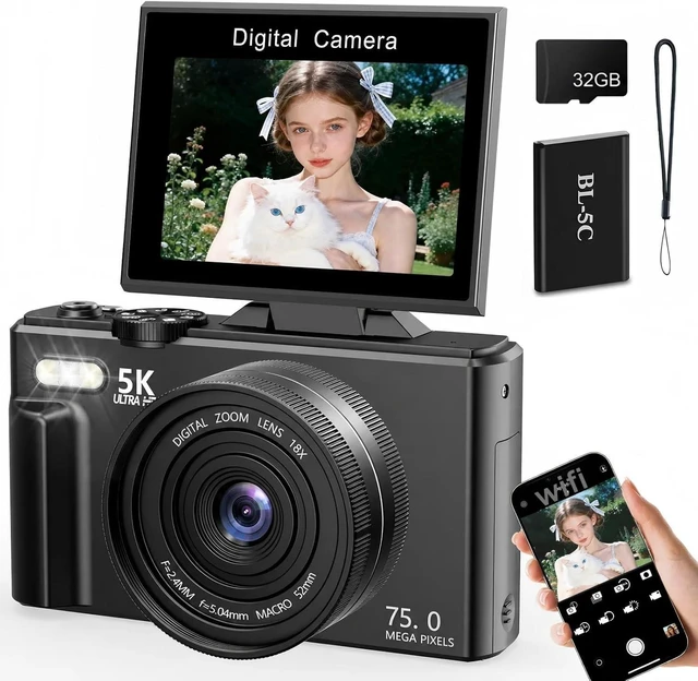 Main image of 5K Digital Camera, 75MP Vlogging Camera for YouTube, Black WiFi, 3" flip screen, 18X zoom, 31 filters, beauty, 32GB, 1 battery; AF, webcam, time-lapse, slow-mo, smile shot, self