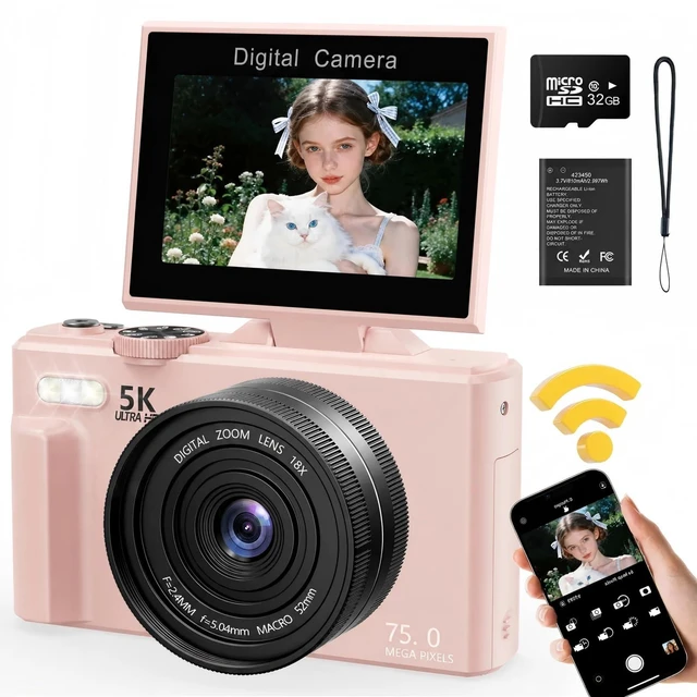 Main image of 5K Digital Camera, 75MP Vlogging Camera for YouTube, Pink WiFi, 3" flip screen, 18X zoom, 31 filters, beauty, 32GB, 1 battery; AF, webcam, time-lapse, slow-mo, smile shot, self