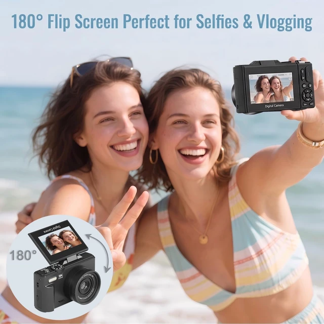 Alt view image 7 of 7 - 5K Digital Camera, 75MP Vlogging Camera for YouTube, Black WiFi, 3" flip screen, 18X zoom, 31 filters, beauty, 32GB, 1 battery; AF, webcam, time-lapse, slow-mo, smile shot, self