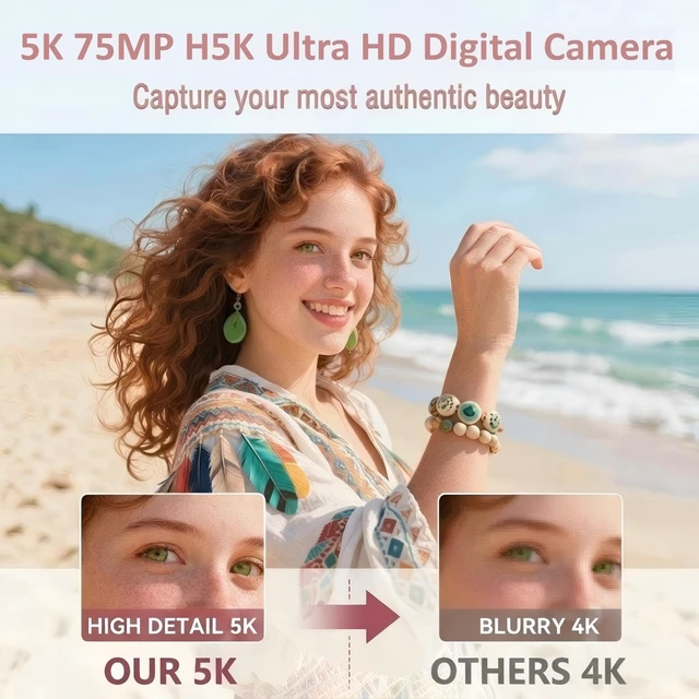 Alt view image 2 of 7 - 5K Digital Camera, 75MP Vlogging Camera for YouTube, Pink WiFi, 3" flip screen, 18X zoom, 31 filters, beauty, 32GB, 1 battery; AF, webcam, time-lapse, slow-mo, smile shot, self