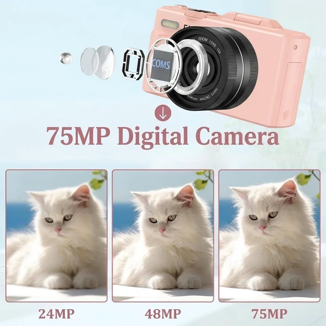 Alt view image 3 of 7 - 5K Digital Camera, 75MP Vlogging Camera for YouTube, Pink WiFi, 3" flip screen, 18X zoom, 31 filters, beauty, 32GB, 1 battery; AF, webcam, time-lapse, slow-mo, smile shot, self