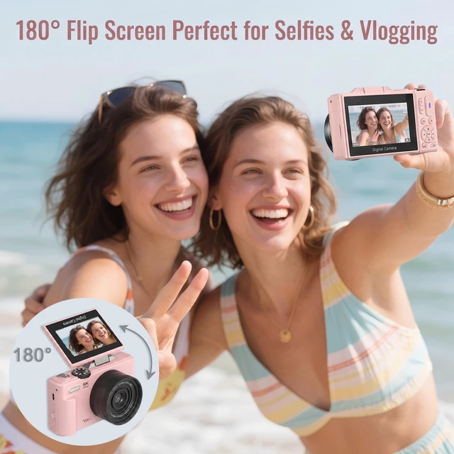 Alt view image 4 of 7 - 5K Digital Camera, 75MP Vlogging Camera for YouTube, Pink WiFi, 3" flip screen, 18X zoom, 31 filters, beauty, 32GB, 1 battery; AF, webcam, time-lapse, slow-mo, smile shot, self