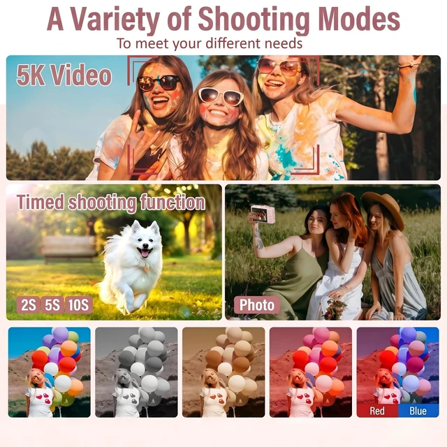 Alt view image 7 of 7 - 5K Digital Camera, 75MP Vlogging Camera for YouTube, Pink WiFi, 3" flip screen, 18X zoom, 31 filters, beauty, 32GB, 1 battery; AF, webcam, time-lapse, slow-mo, smile shot, self