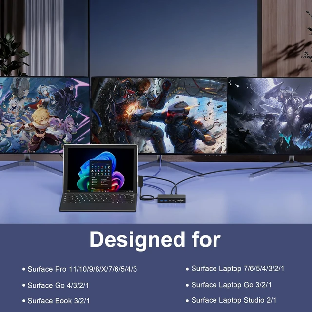Alt view image 7 of 7 - Surface Docking Station, 12-in-1 Triple Display Dual 4K HDMI & VGA, Surface Pro Dock for Surface Pro 12/11/10/9/8/7/6/5/4/3, Surface Laptop 7/6/5/4, Surface Go/Book/Laptop Go