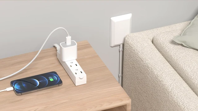 Alt view image 4 of 7 - Flat Plug Power Strip, 3 AC Outlets, 8FT Ultra Thin Flat Extension Cord, Space-Saving Outlet Extender for Behind Furniture, Under Desks, Home Office & Dorm Rooms (White 8ft)