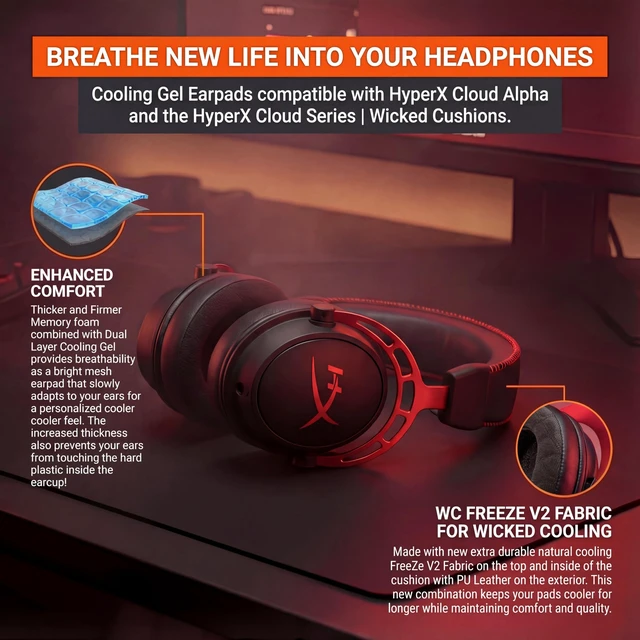 Alt view image 3 of 7 - Freeze Cloud - Angled Cooling Gel Earpads for HyperX Cloud Series Made by Wicked Cushions Extreme Comfort, New Freeze V2 Cooling Fabric, Extra Thick Black