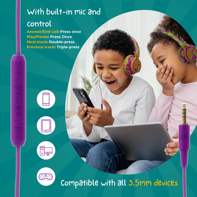 Alt view image 5 of 7 - ® Dinosaur Headphones for Kids Wired with Microphone, Made to Last Durable and Flexible, Volume Limited 85/94db Kid Safe for Kids All Ages, Boys & Girls. Perfect for School or Travel. 3.5 Jack