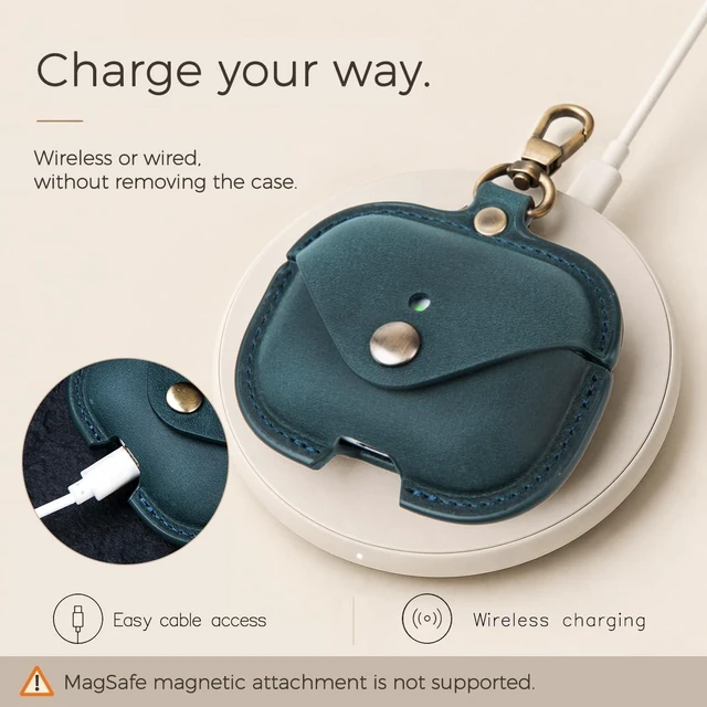Alt view image 5 of 7 - Charging Case Cover for Apple Airpods Pro 3 (2025). Handcrafted Fully, Crazy Horse Cowhide Leather Vintage. Protective Portable Shockproof Case with Key Chain (Blue)