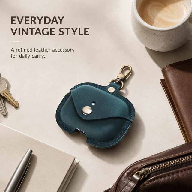 Alt view image 3 of 7 - Charging Case Cover for Apple Airpods Pro 3 (2025). Handcrafted Fully, Crazy Horse Cowhide Leather Vintage. Protective Portable Shockproof Case with Key Chain (Blue)