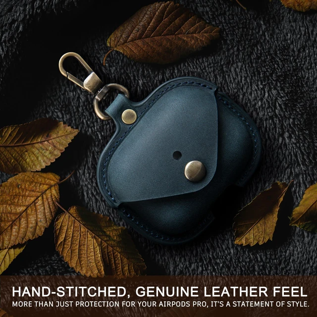 Alt view image 7 of 7 - Charging Case Cover for Apple Airpods Pro 3 (2025). Handcrafted Fully, Crazy Horse Cowhide Leather Vintage. Protective Portable Shockproof Case with Key Chain (Blue)