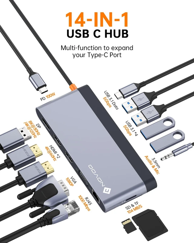 Alt view image 2 of 7 - USB C Docking Station Quad Display, 14-in-1 Laptop Docking Station Dual Monitor, 8K@30Hz DP, Dual 4K@60Hz HDMI, VGA, 5 USB Data Ports, 100W PD, Ethernet, SD/TF, Mic/Audio, USB C HUB, Thunderbolt Dock