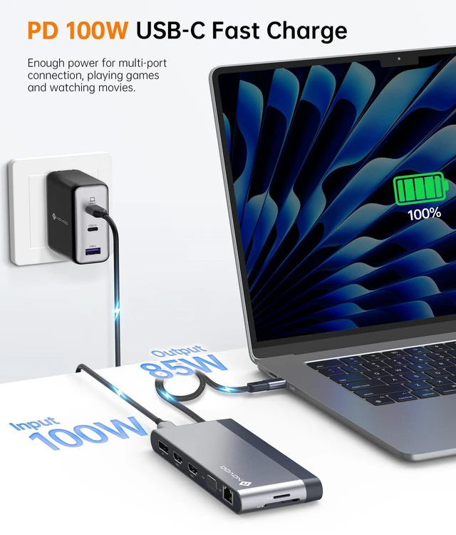 Alt view image 5 of 7 - USB C Docking Station Quad Display, 14-in-1 Laptop Docking Station Dual Monitor, 8K@30Hz DP, Dual 4K@60Hz HDMI, VGA, 5 USB Data Ports, 100W PD, Ethernet, SD/TF, Mic/Audio, USB C HUB, Thunderbolt Dock